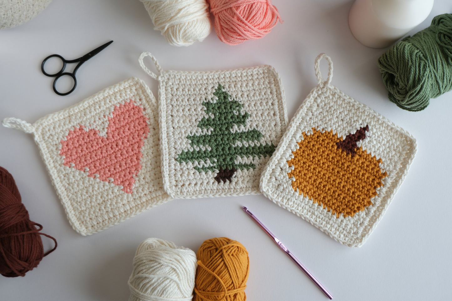 Potholder Crochet Pattern Bundle – Heart ❤️, Christmas Tree 🎄, and Pumpkin 🎃 Designs